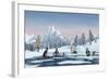 Penguins on a Frozen Lake in a Snowy Christmas Mountain Landscape. A 3D Render.-Sara Winter-Framed Art Print