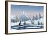 Penguins on a Frozen Lake in a Snowy Christmas Mountain Landscape. A 3D Render.-Sara Winter-Framed Art Print