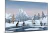 Penguins on a Frozen Lake in a Snowy Christmas Mountain Landscape. A 3D Render.-Sara Winter-Mounted Art Print