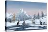 Penguins on a Frozen Lake in a Snowy Christmas Mountain Landscape. A 3D Render.-Sara Winter-Stretched Canvas