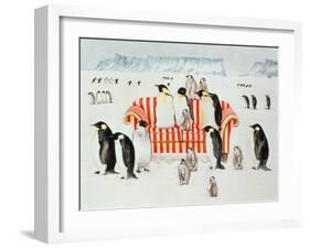 Penguins on a Red and White Sofa, 1994-E.B. Watts-Framed Giclee Print