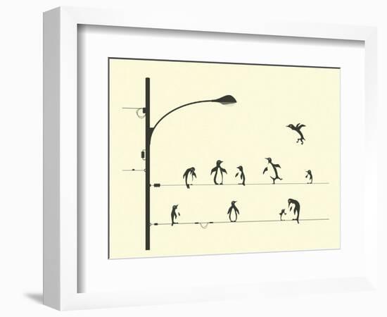 Penguins on aWire-Jazzberry Blue-Framed Art Print