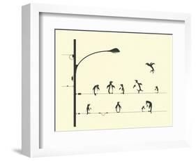 Penguins on aWire-Jazzberry Blue-Framed Art Print