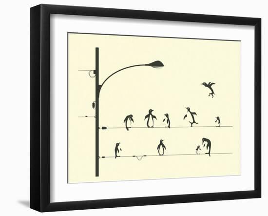 Penguins on aWire-Jazzberry Blue-Framed Art Print