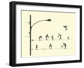 Penguins on aWire-Jazzberry Blue-Framed Art Print