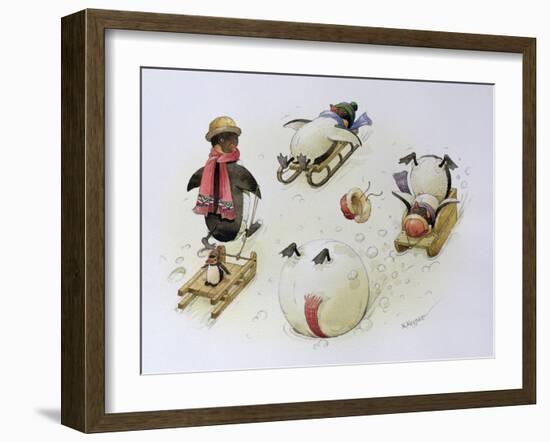 Penguins Sledging, 1999-Kestutis Kasparavicius-Framed Giclee Print