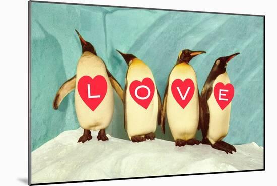 Penguins Spelling Out Love-null-Mounted Art Print