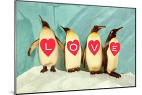 Penguins Spelling Out Love-null-Mounted Art Print