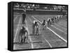 Penn Relay Races, College Students Crouched in Starting Position-George Silk-Framed Stretched Canvas