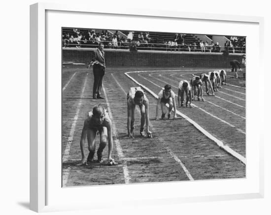 Penn Relay Races, College Students Crouched in Starting Position-George Silk-Framed Photographic Print