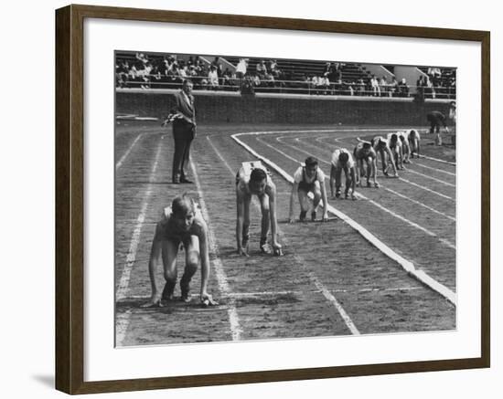 Penn Relay Races, College Students Crouched in Starting Position-George Silk-Framed Photographic Print