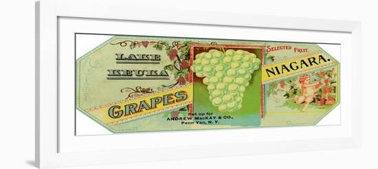 Penn Yan, New York - Lake Keuka Niagara Grapes Label, Laureled Child in Grapes-Lantern Press-Framed Art Print