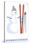 Pennsylvania, Snowman with Skis-Lantern Press-Stretched Canvas