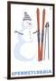 Pennsylvania, Snowman with Skis-Lantern Press-Framed Art Print