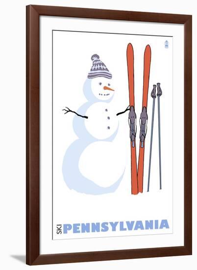 Pennsylvania, Snowman with Skis-Lantern Press-Framed Art Print