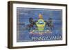 Pennsylvania State Flag - Barnwood Painting-Lantern Press-Framed Art Print