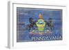 Pennsylvania State Flag - Barnwood Painting-Lantern Press-Framed Art Print