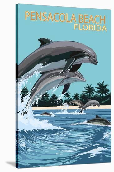 Pensacola Beach, Florida - Dolphins Jumping-Lantern Press-Stretched Canvas