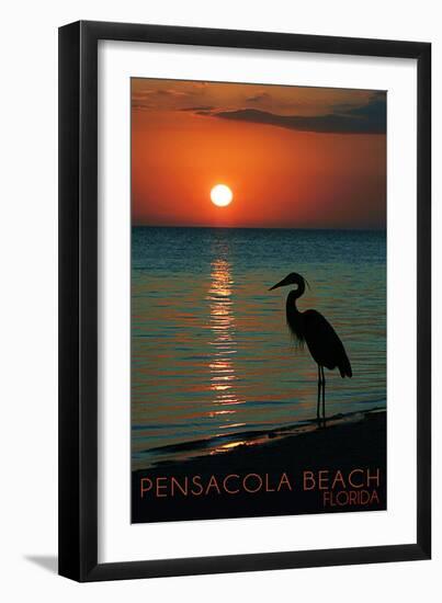 Pensacola Beach, Florida - Heron and Sunset-Lantern Press-Framed Art Print