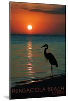 Pensacola Beach, Florida - Heron and Sunset-Lantern Press-Mounted Art Print