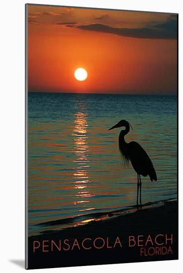 Pensacola Beach, Florida - Heron and Sunset-Lantern Press-Mounted Art Print