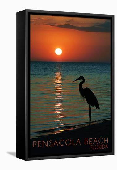 Pensacola Beach, Florida - Heron and Sunset-Lantern Press-Framed Stretched Canvas
