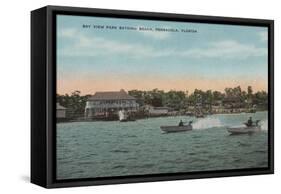 Pensacola, FL - Bay View of Beach with Speed Boats-Lantern Press-Framed Stretched Canvas