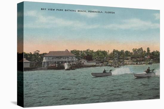 Pensacola, FL - Bay View of Beach with Speed Boats-Lantern Press-Stretched Canvas