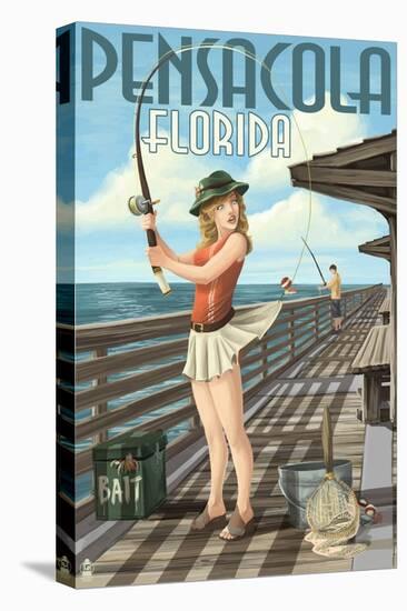 Pensacola, Florida - Fishing Pinup Girl-Lantern Press-Stretched Canvas