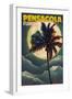 Pensacola, Florida - Palms and Moon-Lantern Press-Framed Art Print