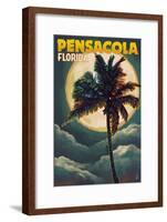 Pensacola, Florida - Palms and Moon-Lantern Press-Framed Art Print