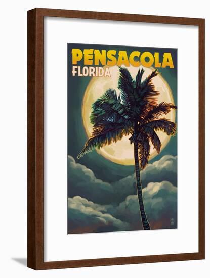 Pensacola, Florida - Palms and Moon-Lantern Press-Framed Art Print