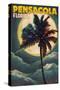 Pensacola, Florida - Palms and Moon-Lantern Press-Stretched Canvas