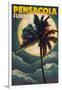 Pensacola, Florida - Palms and Moon-Lantern Press-Framed Art Print