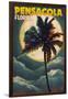 Pensacola, Florida - Palms and Moon-Lantern Press-Framed Art Print