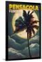 Pensacola, Florida - Palms and Moon-Lantern Press-Framed Art Print