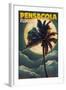 Pensacola, Florida - Palms and Moon-Lantern Press-Framed Art Print