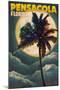 Pensacola, Florida - Palms and Moon-Lantern Press-Mounted Art Print