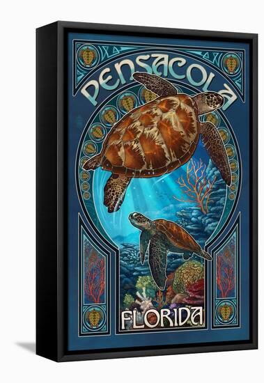 Pensacola - Florida - Sea Turtle Art Nouveau-Lantern Press-Framed Stretched Canvas