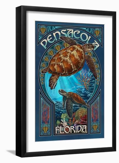 Pensacola - Florida - Sea Turtle Art Nouveau-Lantern Press-Framed Art Print