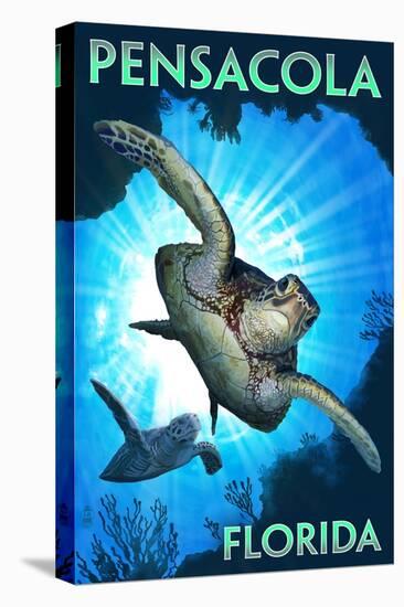 Pensacola, Florida - Sea Turtle Diving-Lantern Press-Stretched Canvas