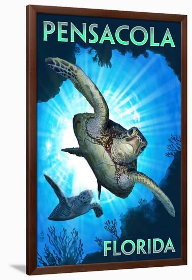 Pensacola, Florida - Sea Turtle Diving-Lantern Press-Framed Art Print