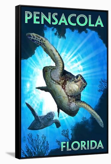 Pensacola, Florida - Sea Turtle Diving-Lantern Press-Framed Stretched Canvas