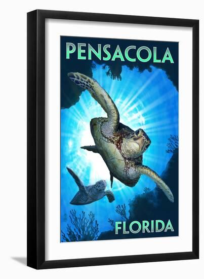 Pensacola, Florida - Sea Turtle Diving-Lantern Press-Framed Art Print