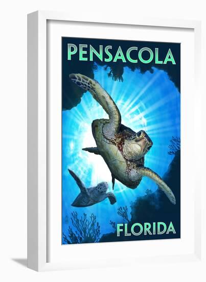 Pensacola, Florida - Sea Turtle Diving-Lantern Press-Framed Art Print