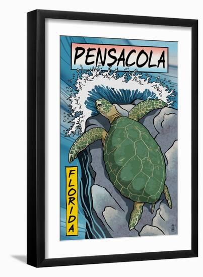 Pensacola, Florida - Sea Turtle Woodblock Print-Lantern Press-Framed Art Print