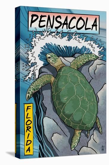 Pensacola, Florida - Sea Turtle Woodblock Print-Lantern Press-Stretched Canvas