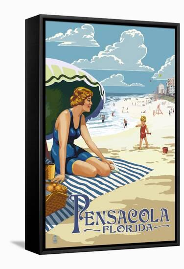 Pensacola, Florida - Woman on the Beach-Lantern Press-Framed Stretched Canvas