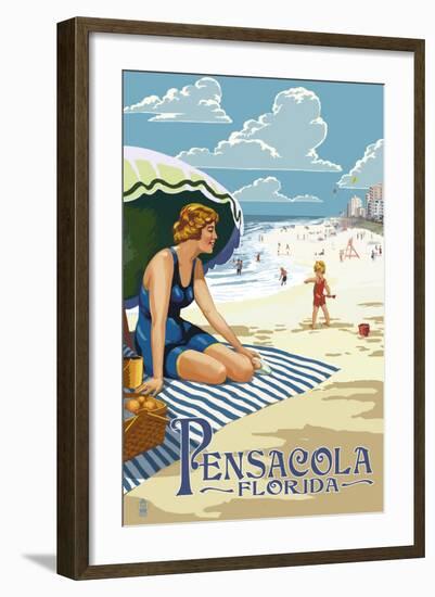 Pensacola, Florida - Woman on the Beach-Lantern Press-Framed Art Print