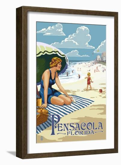 Pensacola, Florida - Woman on the Beach-Lantern Press-Framed Art Print